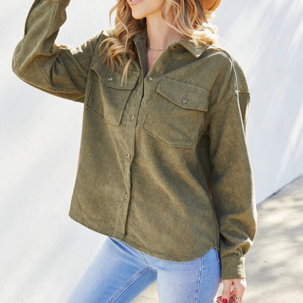 Petal Dew Button Front Corduroy Shacket with Breast Pockets in Olive
